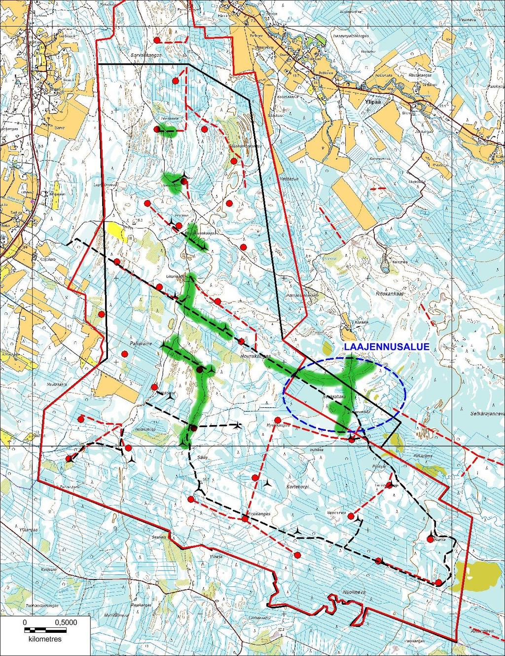 5 Sarvakangas Karttapohja Pöyry Finland Oy Vihreällä merkitty tutkitut alueet.