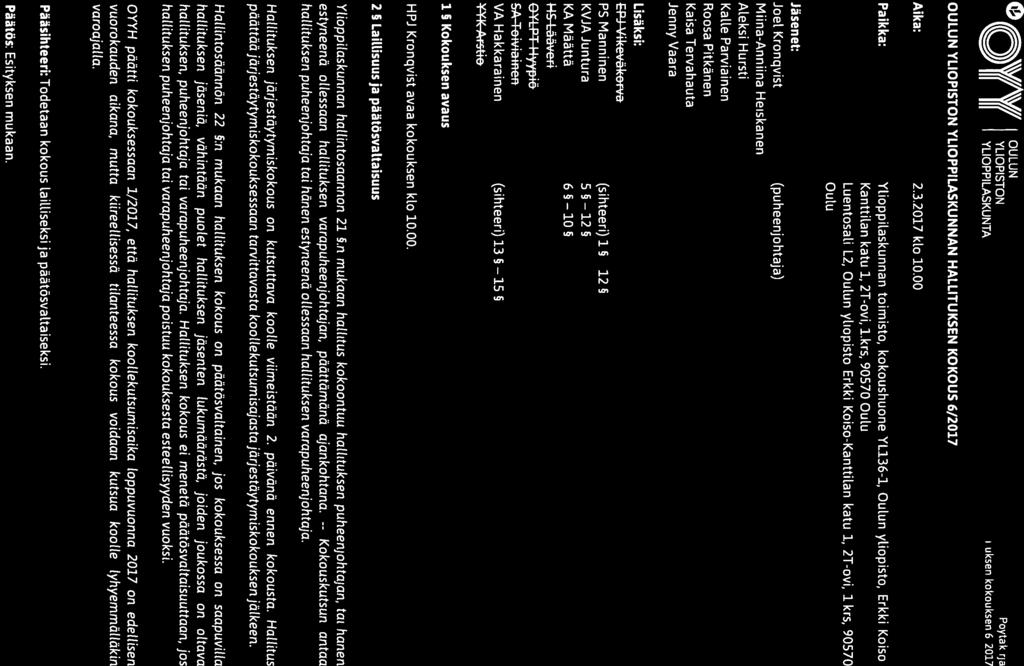 O \V/AV/! OULUN Y(( Y(( YLIOPISTON Poytakirja fl fl YLIOPPILASKUNTA Hallituksen kokouksen 6/2017 OULUN YLIOPISTON YLIOPPILASKUNNAN HALLITUKSEN KOKOUS 6/2017 Aika: 2.3.2017 klo 10.