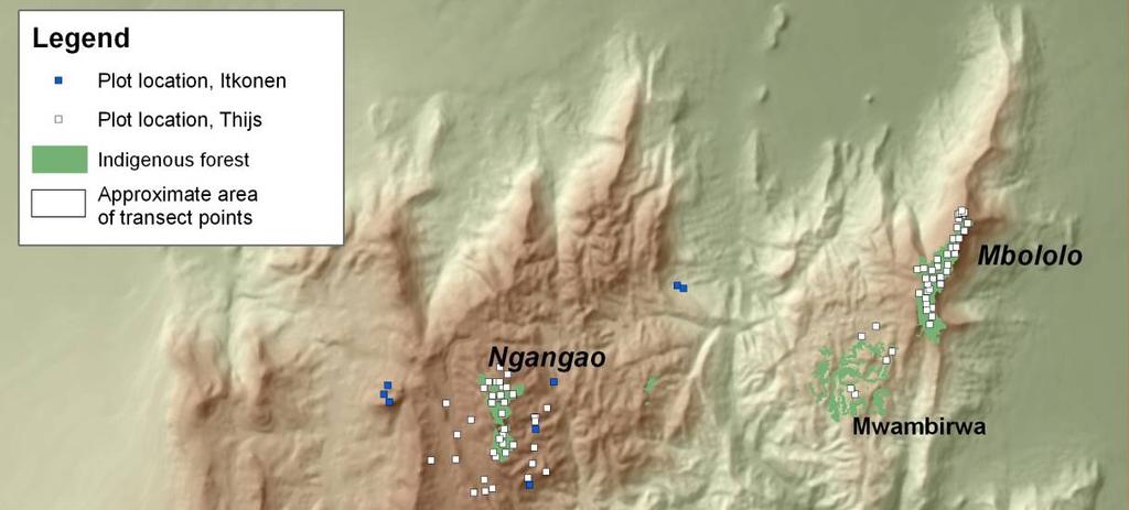 II. Ongoing scientific work on forest ecosystems in Taita Hills area a brief description Figure 3. Plot locations for Thijs (n = 165) and Itkonen (n = 18).