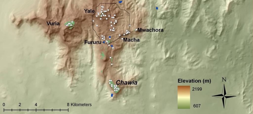 Transects were located 200 meters from each other, and the distance between points was 150 meters.