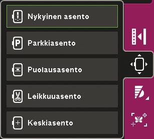 Kehän asento (11) Näillä toiminnoilla voit siirtää kehän eri asentoon. Nykyinen sijainti Kun haluat palata nykytikkiin ja jatkaa kirjontaa keskeytyneestä kohdasta, paina Nykyinen kohta -kuvaketta.