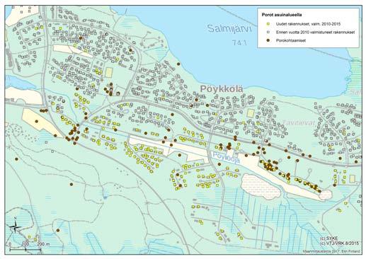 POROHAVAINTOJA RUNSAASTI UUSILLA ASUINALUEILLA Kyselyn karttavastauksista nousevat esiin tietyt asuinalueet, joilla poroja on tavattu selvästi muita alueita enemmän.