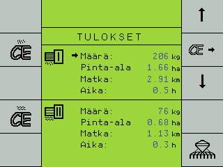 Kylvön tarkistus Kylvön tarkistus on kalibroinnin tarkistus, ja kylvöä suoritettaessa annostelun tarkkuuden tarkistus. Suoritustiedot Siemen- ja pintakapasiteetit saadaan näkyviin "i"-painikkeella.