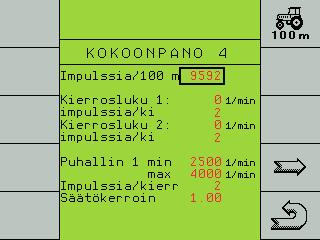 Arvo toimii laskentaperusteena nopeusnäytölle, pinta-alan laskennalle ja siementen ja lannoitteen määrän säädölle. Impulssien määrä voidaan antaa suoraan (n. 9700).