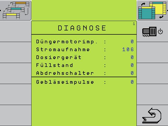 Nuolipainike sivulle "Diagnoosi 1". 7. Takaisin työsivulle. Lannoitemoottori-impulssit Paina painiketta (C), annostelumoottori (säiliö 3) on käynnissä.