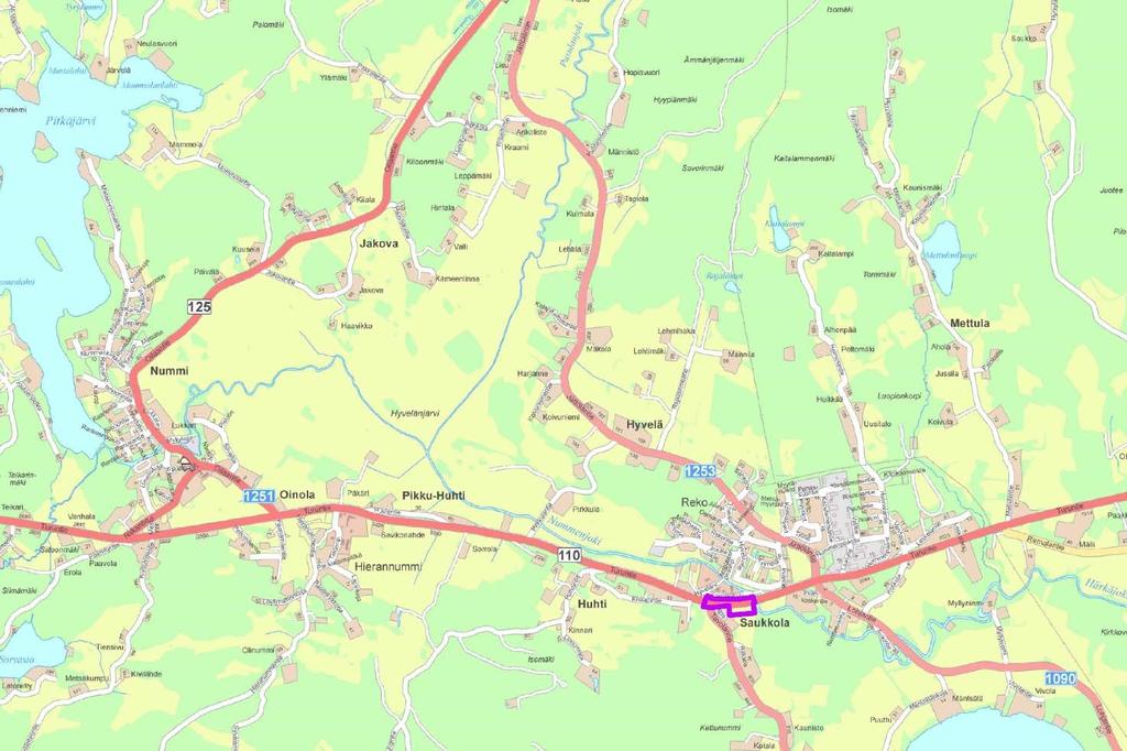 1 PERUS- JA TUNNISTETIEDOT 1.1 Kaava-alueen sijainti Suunnittelualue sijoittuu Saukkolan taajama-alueen eteläosaan ulottuen Turuntielle (mt 110) ja Kauppakujan alueelle. Suunnittelualueen sijainti. 1.2 Kaavan nimi ja tarkoitus N3 Saukkolan taajaman eteläinen asemakaava, asemakaava ja asemakaavan muutos Asemakaavan muutos koskee: 105.