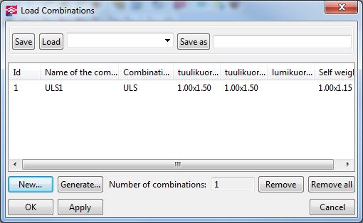 65 Seuraavaksi määritellään kuormat analysis & design models > load combinations valikosta (kuva 18 ja 19) ja painetaan New