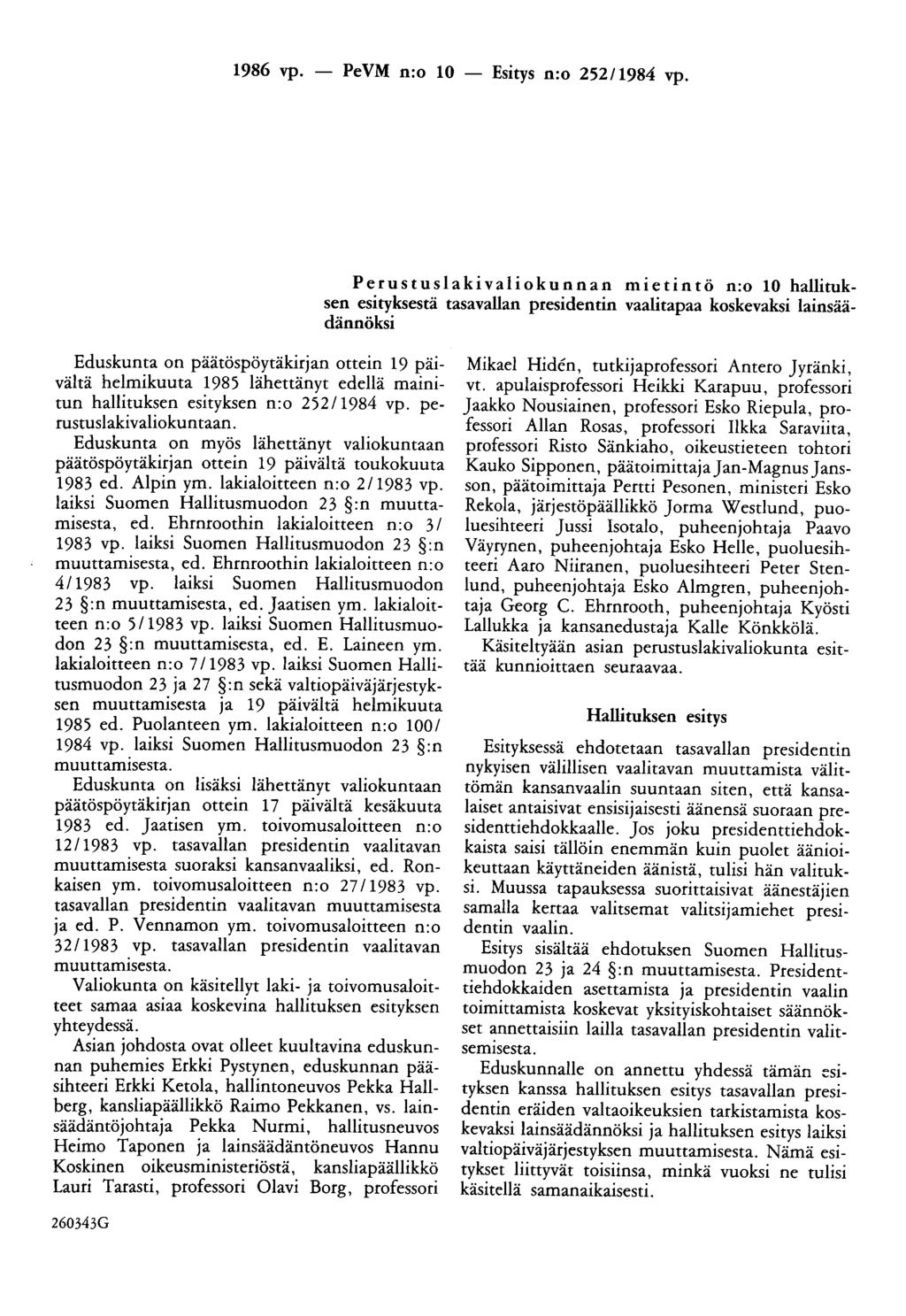 1986 vp. - PeVM n:o 10 - Esitys n:o 252/1984 vp.