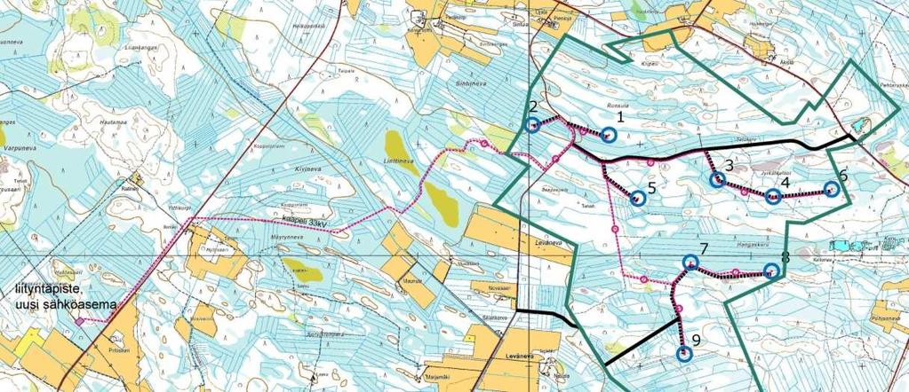 FCG SUUNNITTELU JA TEKNIIKKA OY KAAVASELOSTUS 24 (79) 5.5 Sähkönsiirto Tuulipuiston verkkoliityntäpiste sähkönsiirtoverkkoon sijaitsee kaava-alueesta noin 4,5 km lounaaseen.