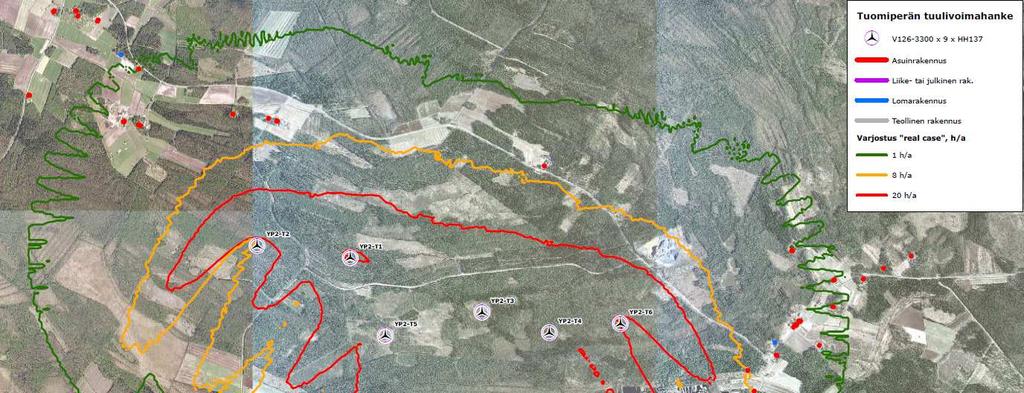 FCG SUUNNITTELU JA TEKNIIKKA OY KAAVASELOSTUS 72 (79) Kuva 31 Varjostusvaikutukset, Vestas V126-3300 x 9 x hh137 Ilmakuvan päälle istutettu mallinnuskuva osoittaa, kuinka