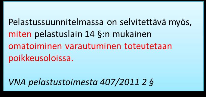 Pelastussuunnitelma Pelastussuunnitelma laaditaan 14 :ssä tarkoitetuista toimenpiteistä (omatoiminen varautuminen).