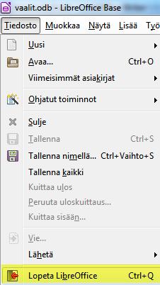 Voit myös sulkea tietokannan valitsemalla valikosta "Tiedosto" ja "Lopeta LibreOffice".