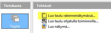 8 TAULUN LUOMINEN Uusi taulu voidaan luoda ssa kahdella eri tavalla: Luo taulu rakennenäkymässä ja Luo taulu ohjatulla toiminnolla.