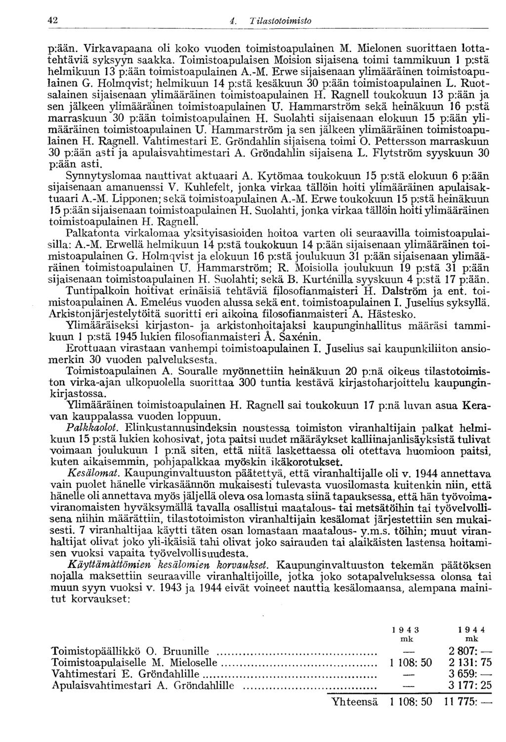 42 4. Tilastotoimisto p:ään. Virkavapaana oli koko vuoden toimistoapulainen M. Mielonen suorittaen lottatehtäviä syksyyn saakka.