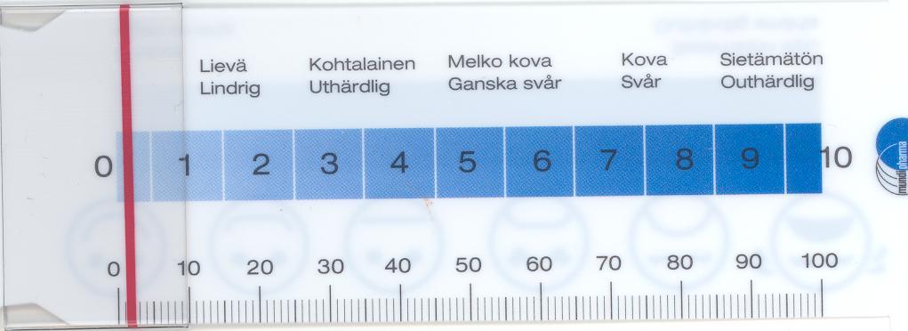 17 5.3 Kasvokuvakipumittari Suomessa yleisesti käytössä on vuodesta 1987 Maunukselan ym. kehittämä kipukasvomittari, jossa on 5 erilasta kasvojen ilmettä.