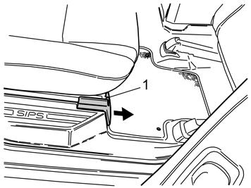 5 Poista toisen istuinrivin oikean istuimen oikean etukiinnityksen paneeli: paina yläpuolena lukkohakaa (1) ja vedä paneelia eteenpäin. Poista ruuvi sen alta.