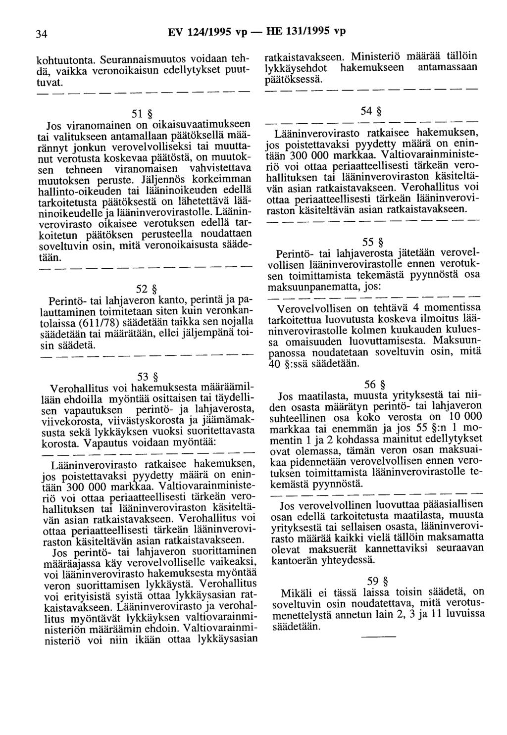 34 EV 124/1995 vp - HE 13111995 vp kohtuutonta. Seurannaismuutos voidaan tehdä, vaikka veronoikaisun edellytykset puuttuvat.