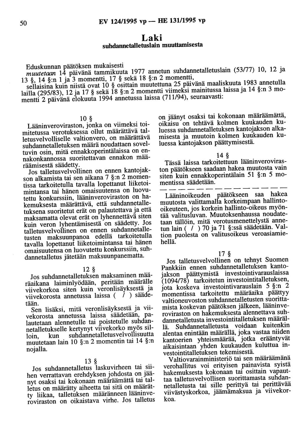 50 EV 124/1995 vp - HE 13111995 vp Laki suhdannetalletuslain muuttamisesta Eduskunnan päätöksen mukaisesti muutetaan 14 päivänä tammikuuta 1977 annetun suhdannetalletuslain (53177) 10, 12 ja 13, 14