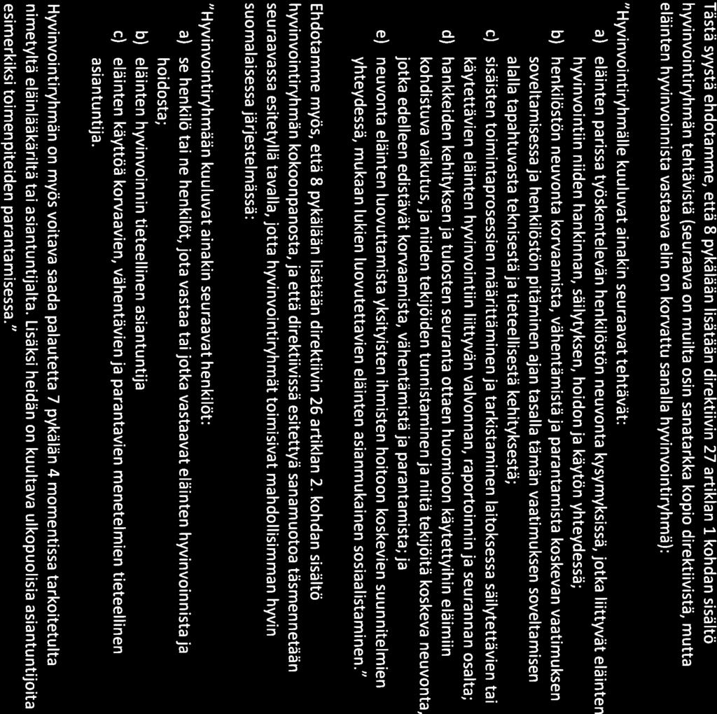 Tästä syystä ehdotamme, että 8 pykälään lisätään direktiivin 27 artiklan 1 kohdan sisältö hyvinvointiryhmän tehtävistä (seuraava on muilta osin sanatarkka kopio direktiivistä, mutta eläinten