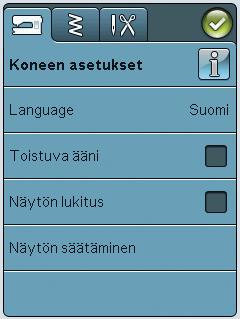 SET-VALIKKO SET-valikossa voit tehtä säätöjä koneen asetuksiin sekä ommel- ja ompeluasetuksiin. Aktivoi toiminto painamalla sen kuvaketta tai avaa luettelo eri vaihtoehdoista.