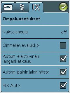 OMPELUASETUKSET Kaksoisneula Painamalla kuvaketta saat näkyviin luettelon kaksois-neuloista. Kun kaksoisneula on valittuna, kaikkien ompeleiden leveys rajoittuu kyseiselle neulalle sopivaksi.