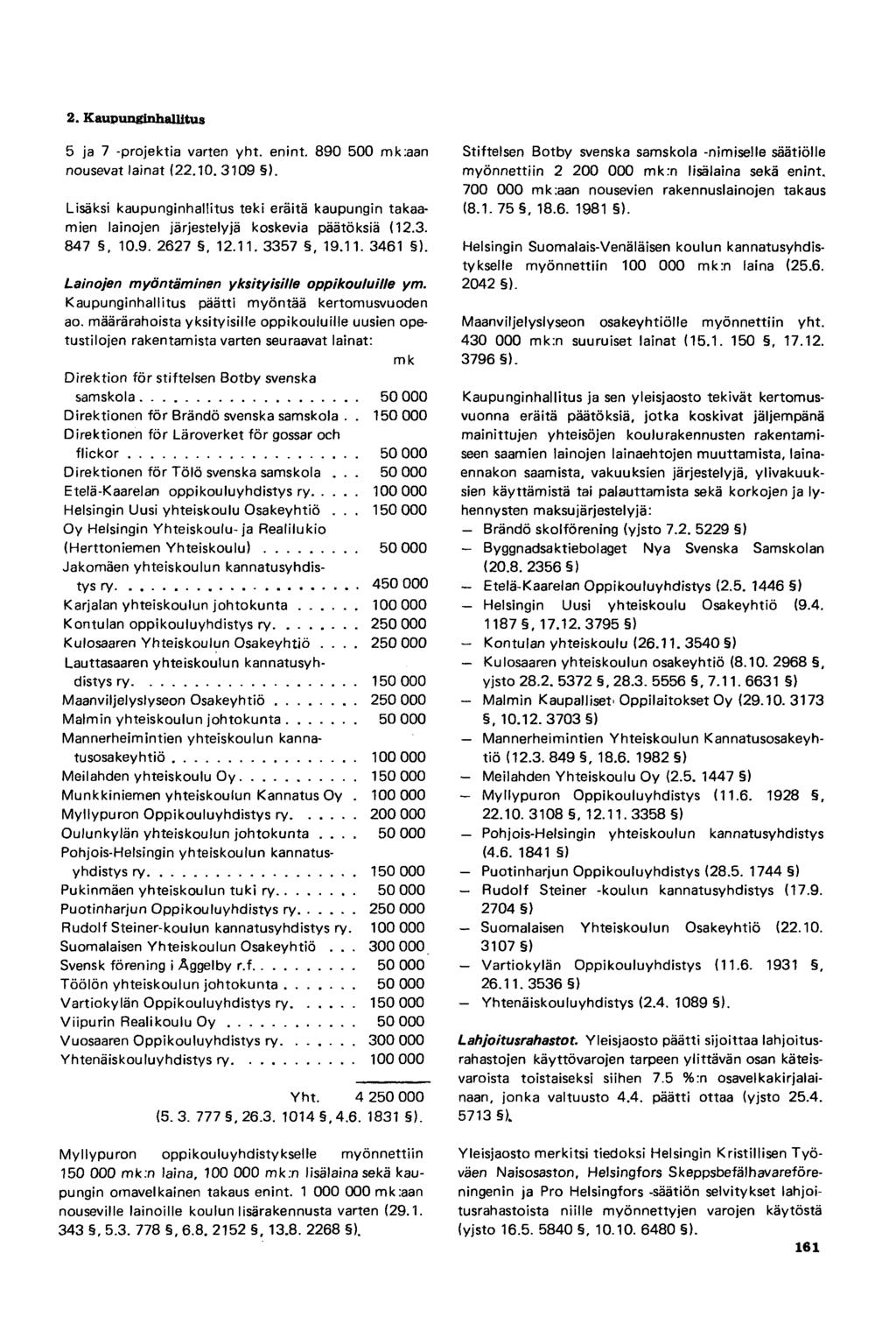 5 ja 7 -projektia varten yht. enint. 890 500 mk:aan nousevat lainat (22.10. 3109 ). Lisäksi kaupunginhallitus teki eräitä kaupungin takaamien lainojen järjestelyjä koskevia päätöksiä (12.3. 847, 10.9. 2627, 12.