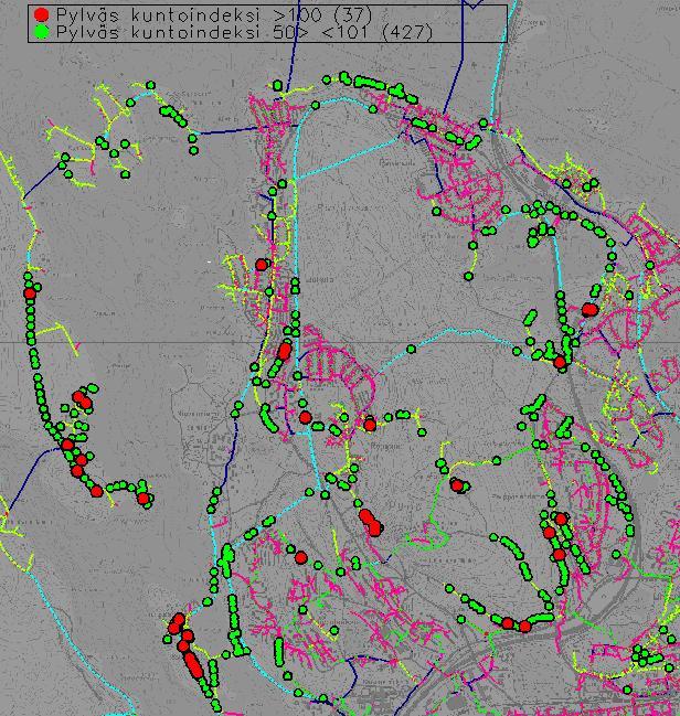 57 Kuva 8.1. Pylväs-kuntoindeksin tulokset karttapohjalla. Punaisella merkittyjen pylväiden kuntoindeksi on yli 100, eli ne ovat kuntohavaintojen mukaan heikoimmassa kunnossa.