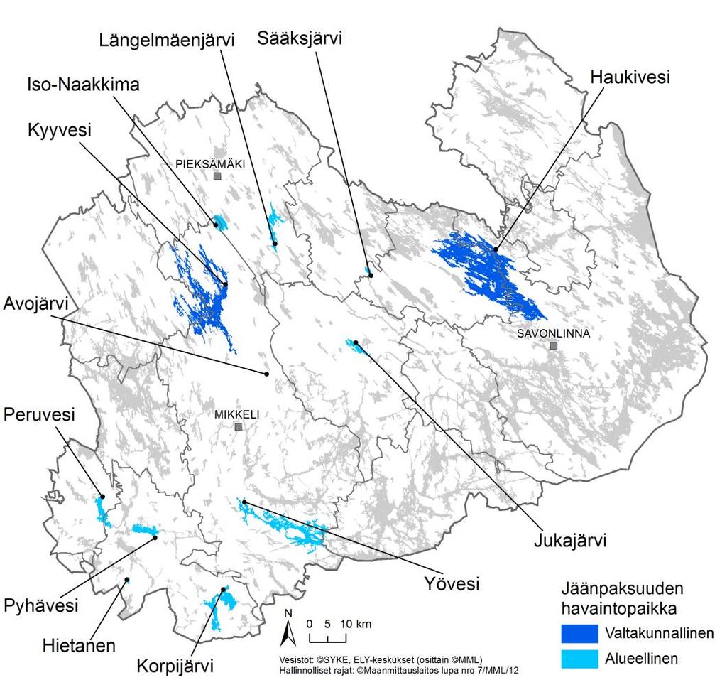 Alueellisten jäähavaintokohteiden mittaustulokset: Kunta,kylä Järvi Jään kokonaispaksuus, cm (27.-28.1.