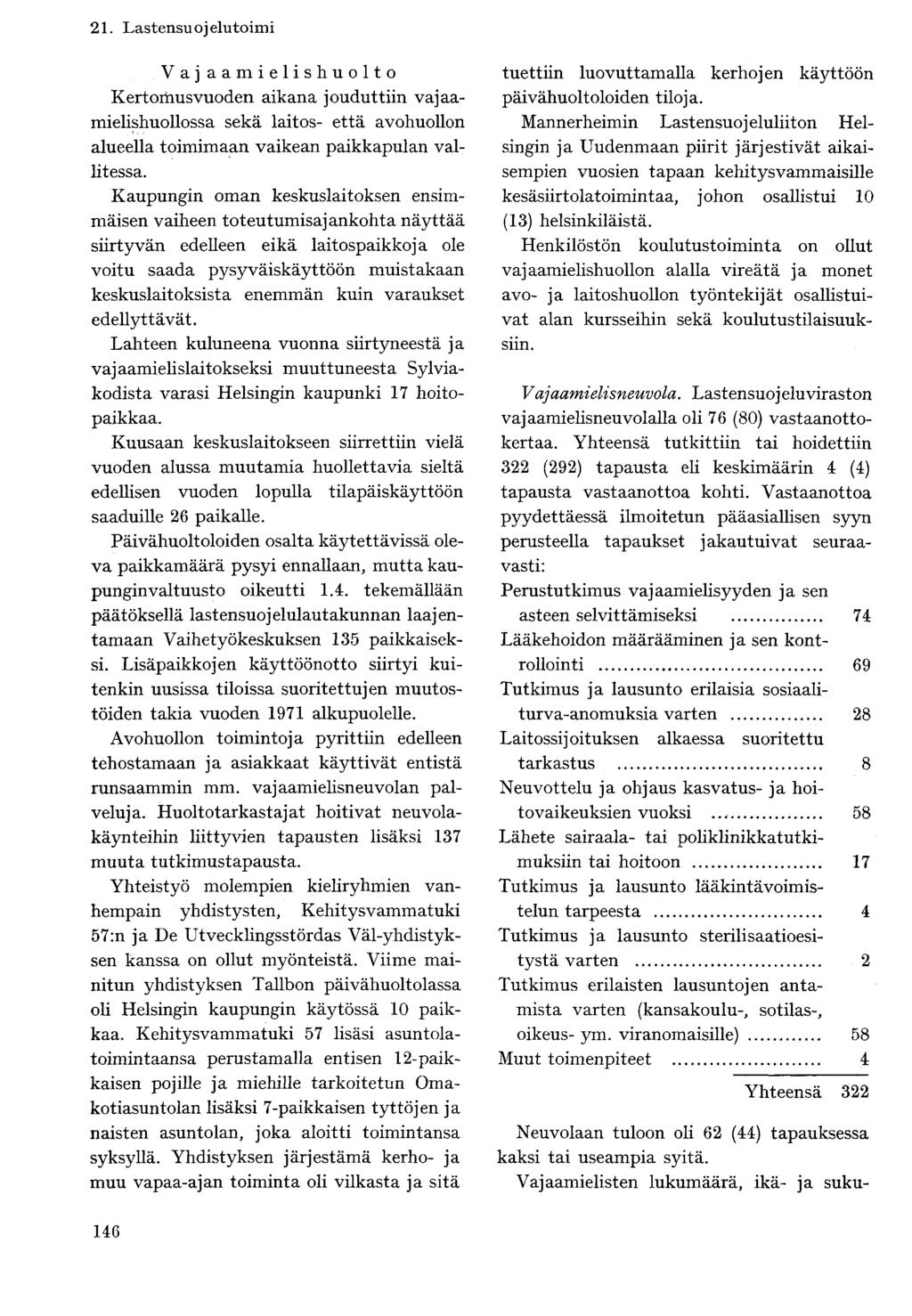 V a j a a m i e 1 i s h u o 11 o Kertomusvuoden aikana jouduttiin vajaamielishuollossa sekä laitos- että avohuollon alueella toimimaan vaikean paikkapulan vallitessa.