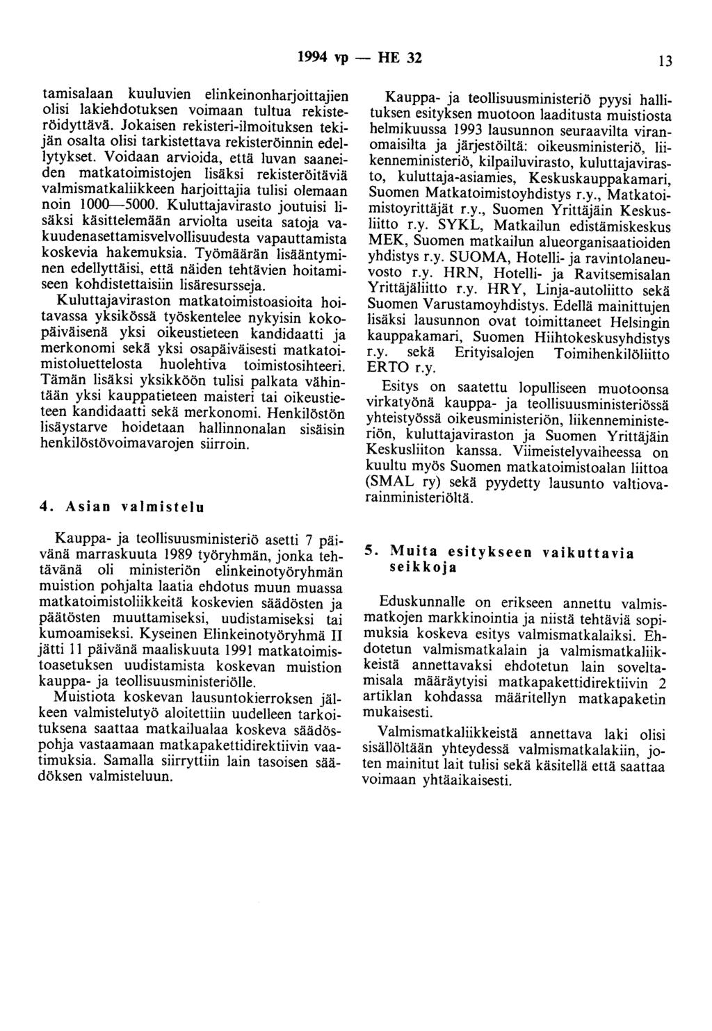 1994 vp - HE 32 13 tamisalaan kuuluvien elinkeinonharjoittajien olisi lakiehdotuksen voimaan tultua rekisteröidyttävä.