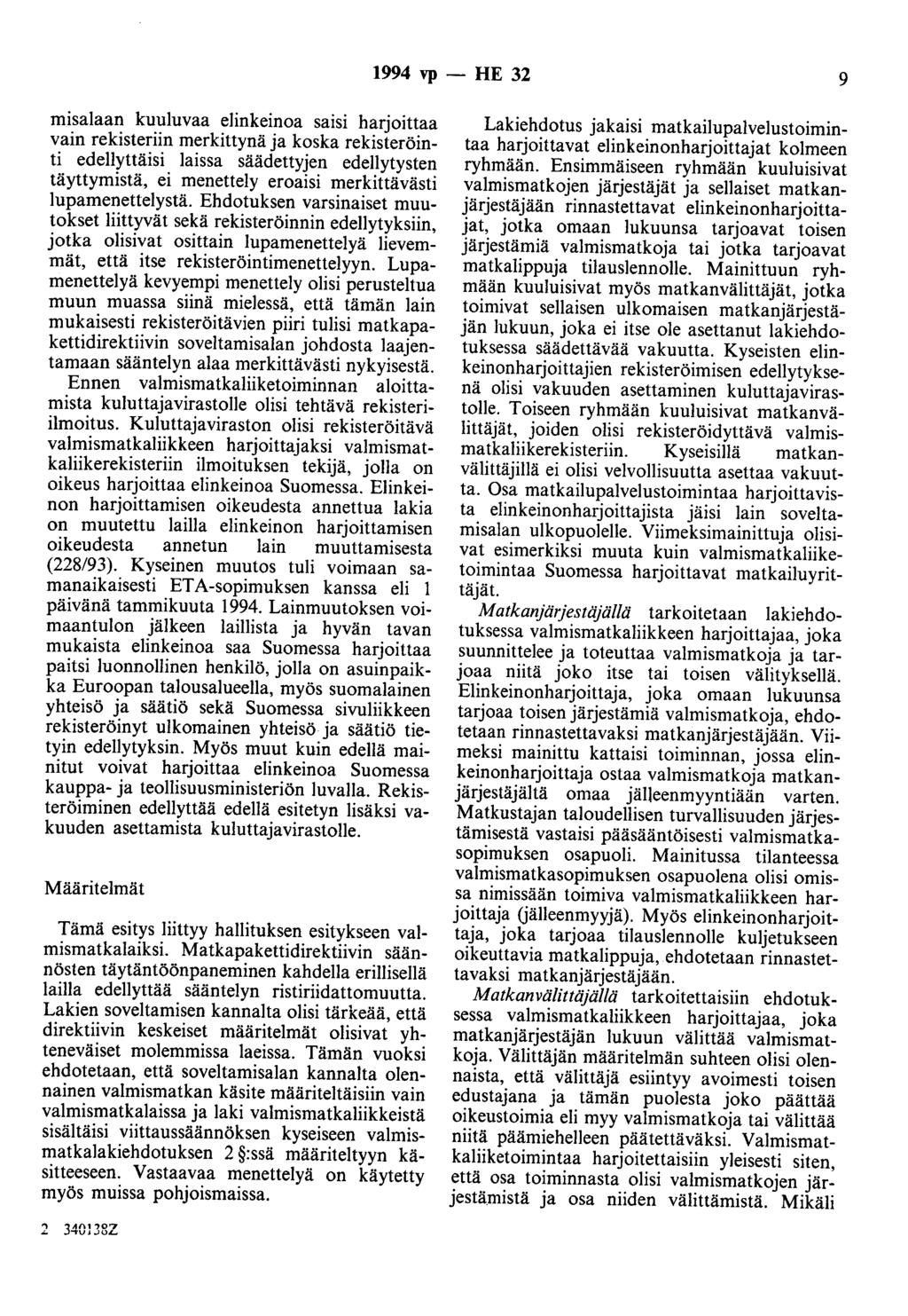 1994 vp - HE 32 9 misalaan kuuluvaa elinkeinoa saisi harjoittaa vain rekisteriin merkittynä ja koska rekisteröinti edellyttäisi laissa säädettyjen edellytysten täyttymistä, ei menettely eroaisi