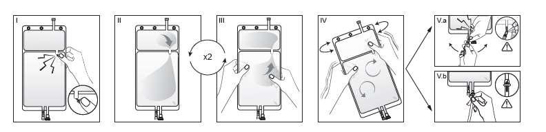 IV V V.a När den lilla kammaren (A) är tom, skaka den stora kammaren (B) tills innehållet är helt blandat. Lösningen är nu klar att användas och påsen kan hängas upp på utrustningen.