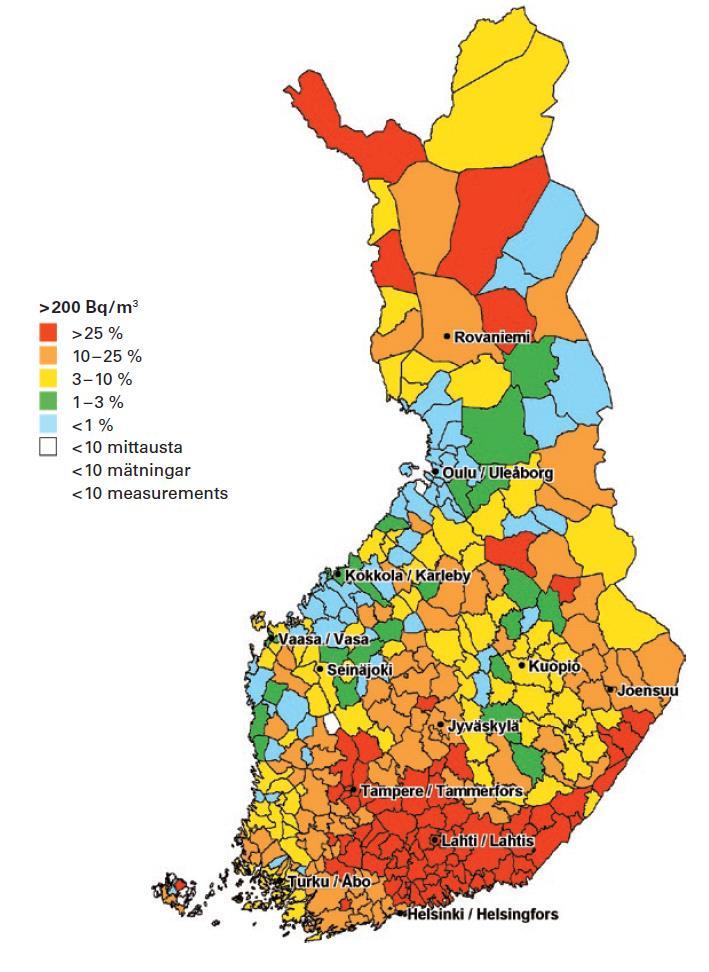 Radon pientaloissa Radonia esiintyy koko maassa, mutta eniten Kaakkois- ja Etelä-Suomessa.