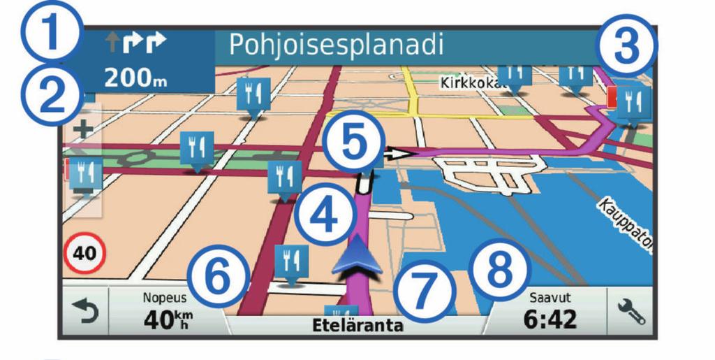 Jos sinun tarvitsee pysähtyä muissa määränpäissä, voit lisätä ne reitille (Sijainnin lisääminen reitille, sivu 5).