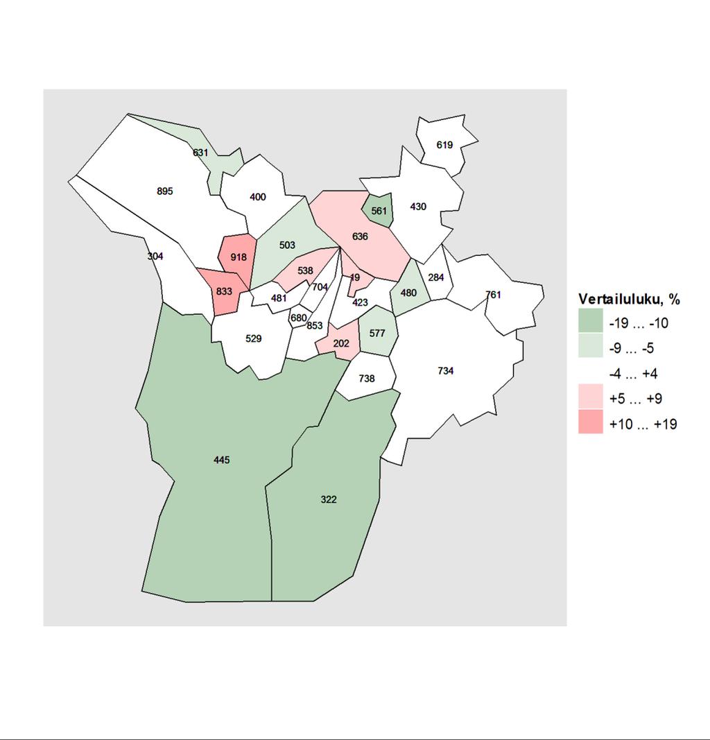 Kartta 1. Vammojen ja myrkytysten aiheuttamat hoitojaksot alueen kunnissa vuosina 2011 2015, vertailutiedot koko maan tilanteeseen. Kartta: Maanmittauslaitoksen Yleiskartta 1:4 500 000, 2011.