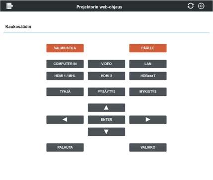 3. Verkonhallinta 3.1 Projektorin web-ohjaus (jatkuu) 3.1.11 Kaukosäädin Valikon toiminta ja tulolähteen vaihto voidaan tehdä tässä näytössä kuten kaukoohjaimella. Valikko vaihtelee mallista riippuen.