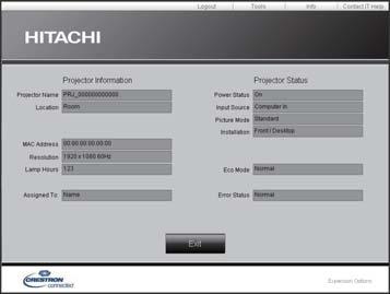 3. Verkonhallinta 3.2 Crestron e-control (jatkuu) 3.2.3 Infoikkuna 1 2 Näyttää projektorin vallitsevat asetukset ja tilan. Napsauta [Exit]-painiketta palataksesi Main-ikkunaan.