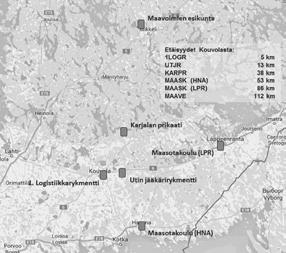 AJANKOHTAISTA Joukko-osastojen etäisyyksiä kaakonkulmalla kun sen alaisuuteen liitettiin Panssarikoulu, Pioneerikoulu (entinen pioneeri- ja suojelukoulu), Tykistökoulu, Viestikoulu sekä vuoden alussa