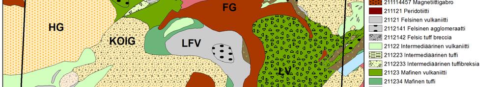 Koijärven granitoidi, KOKG = Kokkojoen granitoidi, KOKV = Kokkojoen vulkaniitti, KOTG = Kotkajärven granitoidi, LFV = Liesjärven felsinen vulkaniitti, LV = Lautaportaan vulkaniitti, MFV = Menosen