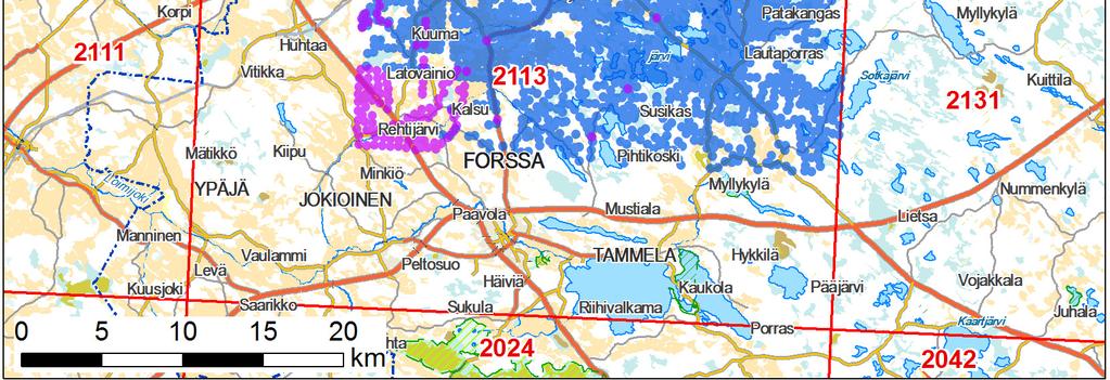 Uuden alueen pohjoispuolelta löytyy vanhempia mittauksia, joihin uusi mittaus voidaan saumattomasti liittää. Uusia pisteitä on yhteensä 2457 pistettä. Kuva 5.