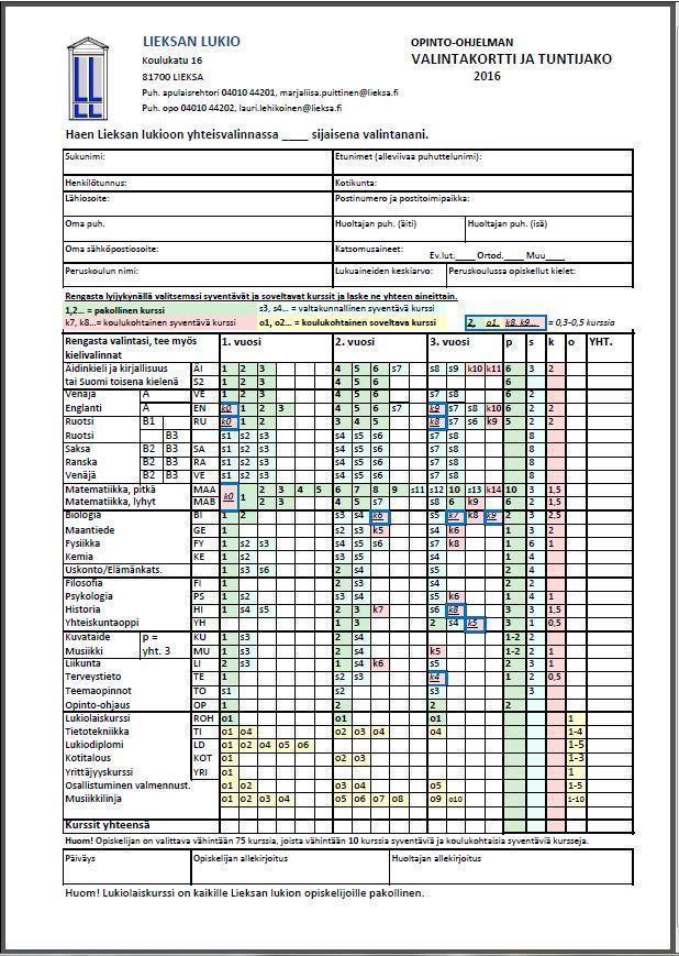 307 LIITE: Lieksan lukion tuntijako Opetushallitus Hakaniemenranta 6, PL 380, 00531 Helsinki, puhelin 029 533 1000, faksi 029 533 1035, etunimi.