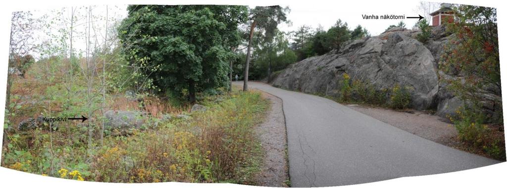 Kuva 2. Panoraamakuva Korkeasaaren kuppikiven ympäristöstä. Kuppikivi sijaitsee vasemmalla pienten haapojen takana, oikealla kallion laella on saaren korkein kohta ja vanha näkötorni.