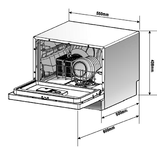 Tekniska data Maskinens höjd: 438mm. Maskinens bredd: 550mm. Maskinens djup: 500mm.