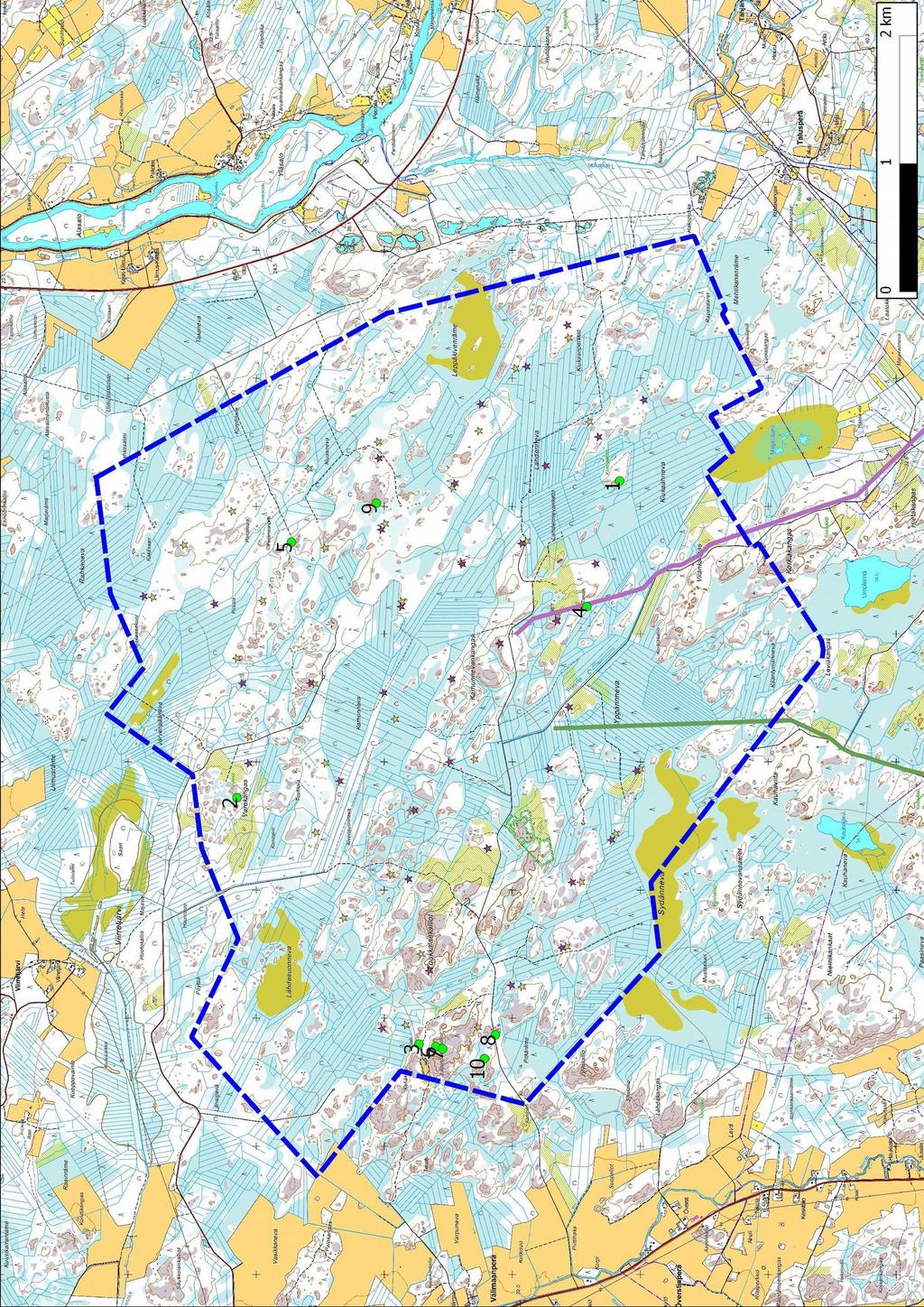 10 7. Yleiskartta Yleiskartta, muinaisjäännökset numeroitu 1-6, muut kulttuuriperintökohteet tai inventointihavainnot 7-10.
