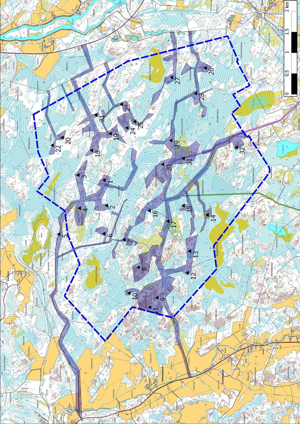 31 11. Maastokuvaukset ja valokuvat Inventoidut alueet violettina.