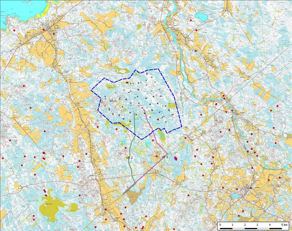 4 Hankealue ja sähkönsiirron kaksi vaihtoehtoista reittiä tuulipuistosta Jylkän uudelle sähköasemalla. Tunnetut muinaisjäännöskohteet punaisena pisteenä.