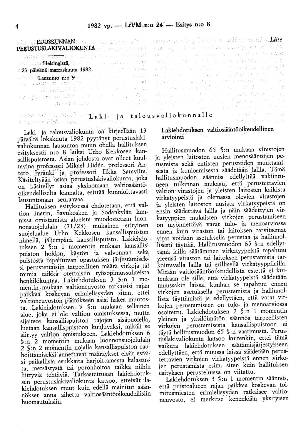 4 1982 vp. _,... LtVM n:o 24,...,...,. Esitys n:o 8 ;.JIDUSK.1JMNAN. Pmtl!STlJSUKIV AJ.