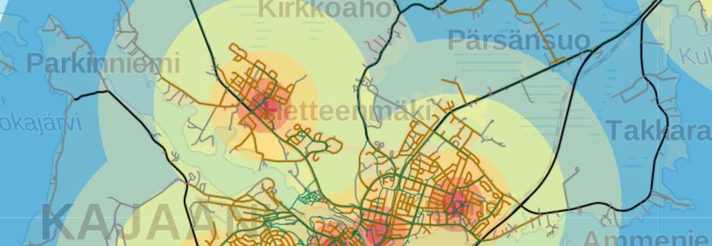 Alakoulut ja niiden etäisyysvyöhykkeet Kajaanissa.