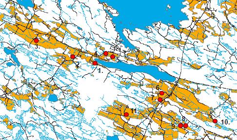 Kuva 1: Ferrisulfaatin annostelupaikkojen sijainti Taulukko 1: Annostelupaikkojen tietoja Kohde Valuma-alue/ha Kuormitus 1 25 ha, peltoa < 5 ha Navetta, jaloittelutarhat 2 250 ha, peltoa 50 ha