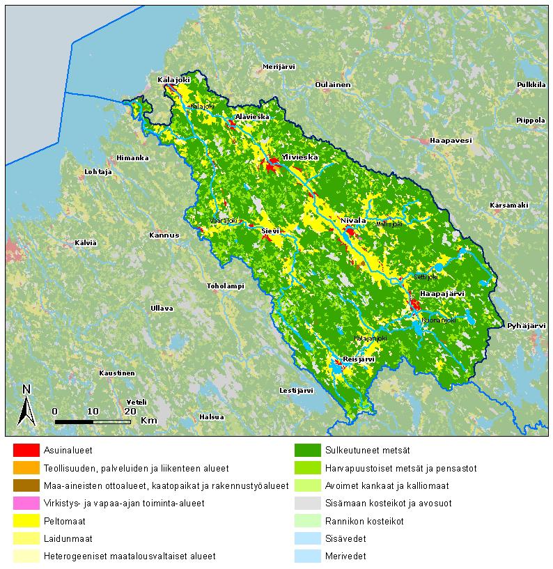 Kuva 3-3. Maanpeite Kalajoen vesistöalueella Corine Land Cover 2006 -aineiston perusteella (SYKE 2014).